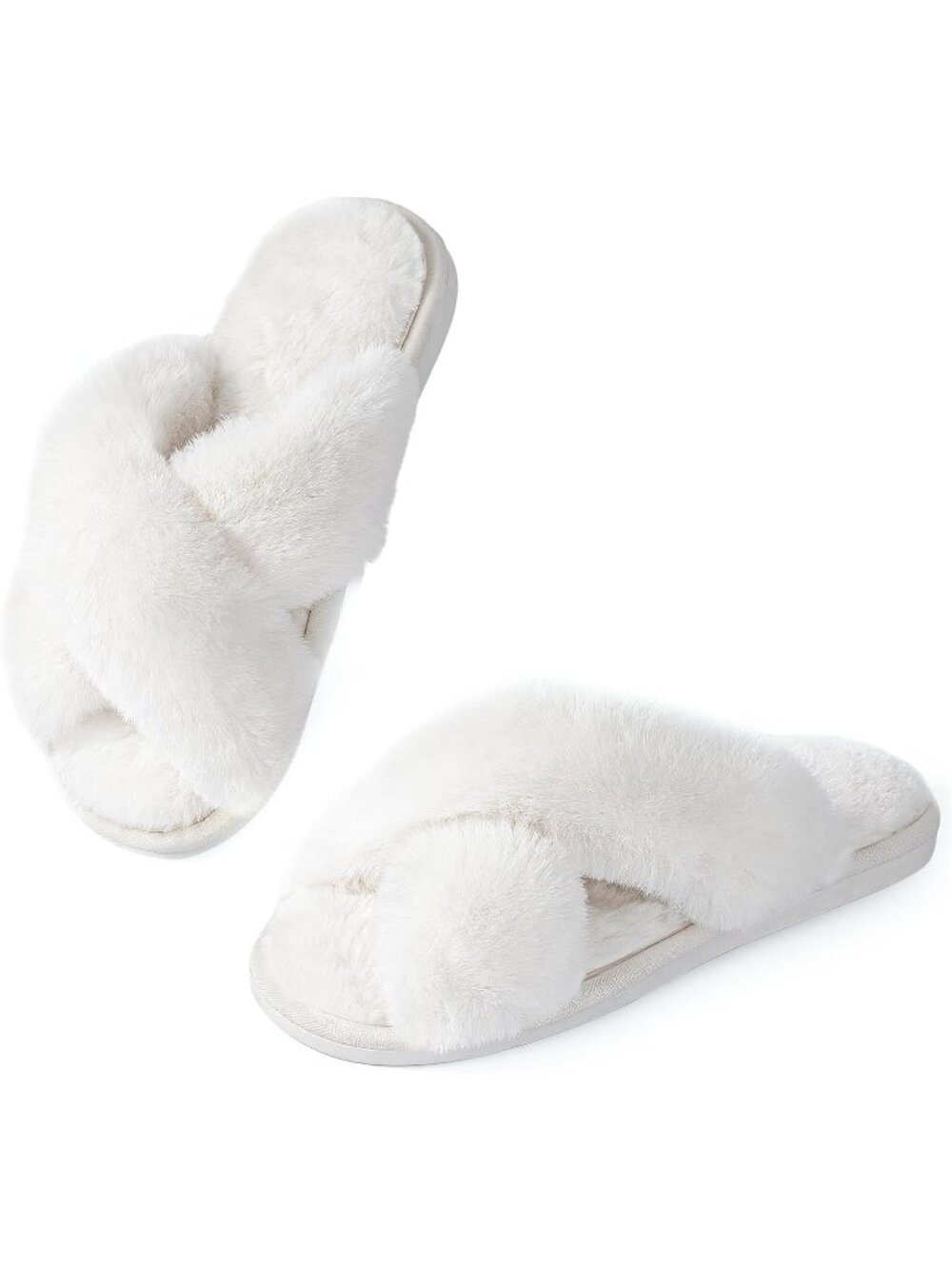 Women's Pure White Cross Band Memory Foam Open Toe Comfy Fuzzy Indoor Slippers